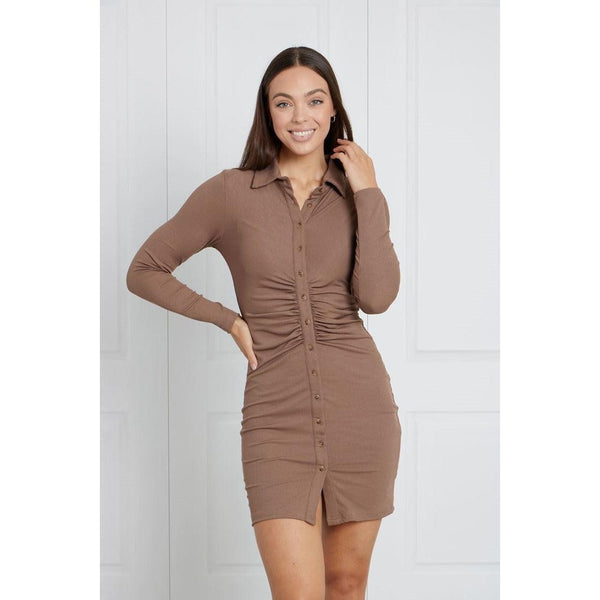 Button Front Ruched Short Dress - Taupe - Willow and Vine