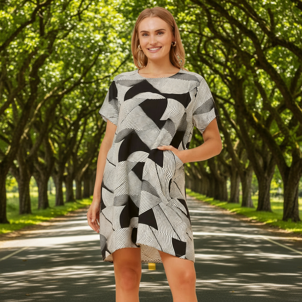 Patterned Shift Dress - Black and White Myer Street Fashion Patterned Shift Dress - Black and White Myer Street Fashion